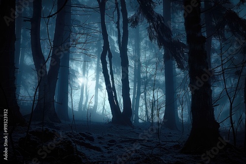 Spooky nighttime forest with thick fog and old-growth trees illuminated by the pale moonlight, creating a haunted and mysterious atmosphere