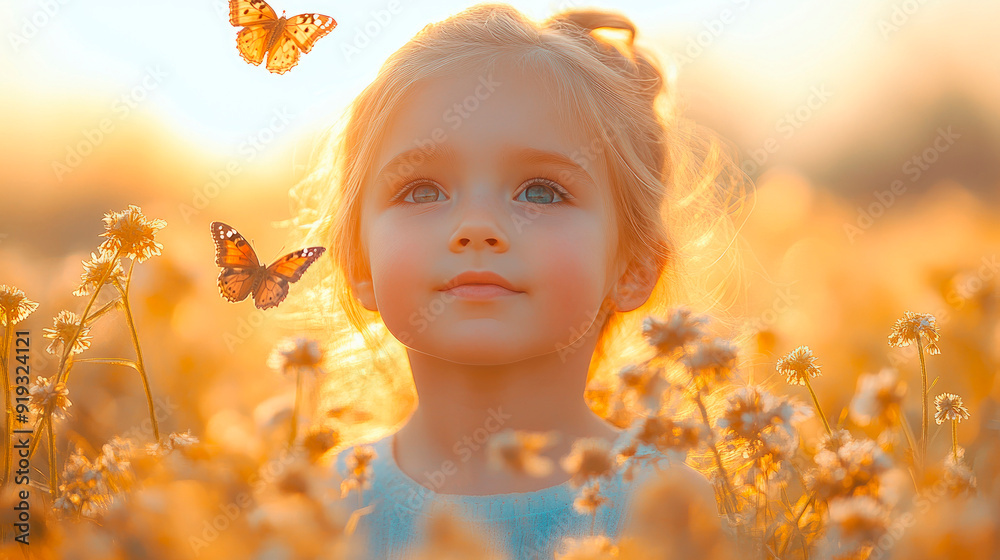 Fototapeta premium Cute little girl playing in a summer field, catches a butterfly.