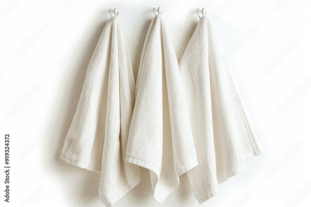 A row of three towels hang from a hook on the wall, ready for use A row of three towels hang from a hook on the wall, ready for use