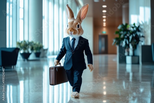 A rabbit dressed in a suit confidently walks with a briefcase in a sleek office setting filled with natural light