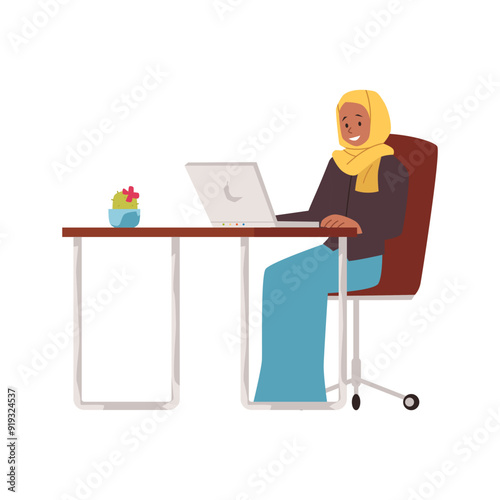A vector illustration showing a Muslim girl in a hijab using laptops for educational purposes