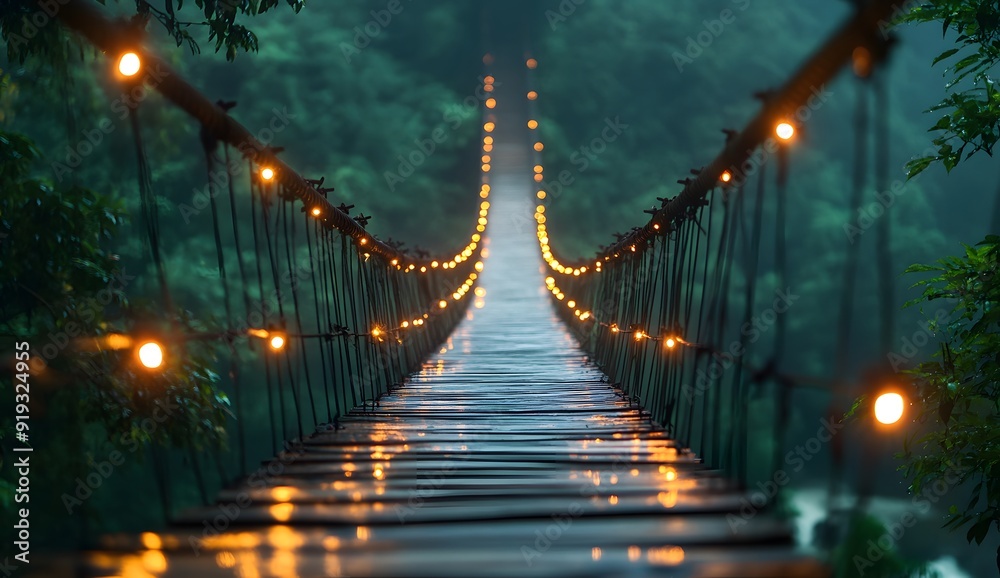 Fototapeta premium Blurred hanging wooden bridge over river in forest, with lights and ropes. Background for travel or outdoor adventure concept.