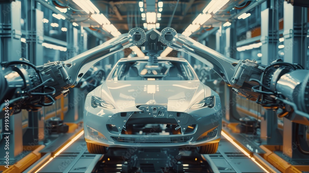 Robot assembles car on automotive industry manufacture. Automated 3d Robotic arm on production line laser welding car body, sets wheels, windscreen. Industry robot hand on automotive vehicle factory