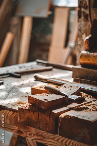 Woodworking bench with tools, shavings, warm light