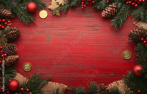 Christmas background with a red wooden table and Christmas decorations, branches from a Christmas tree,