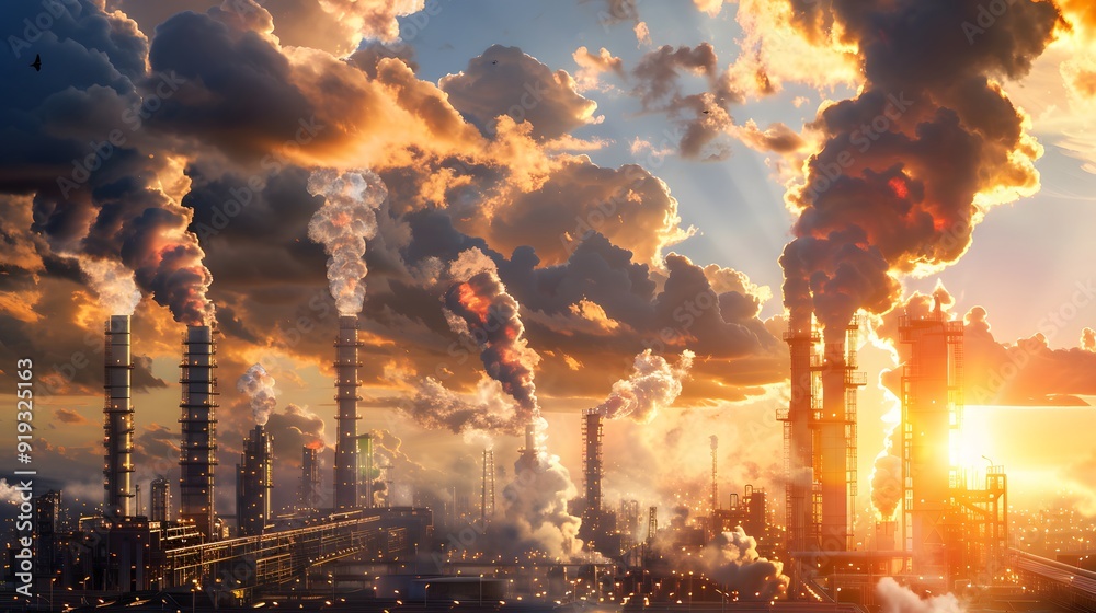 Fototapeta premium Industrial landscape with multiple flaring towers