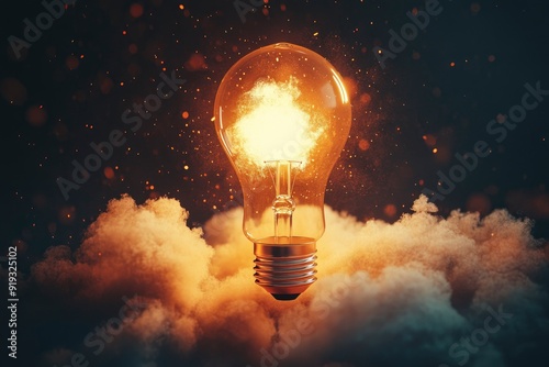 Creative light bulb rocket with blast and clouds takes off on a dark background, concept.  with generative ai
