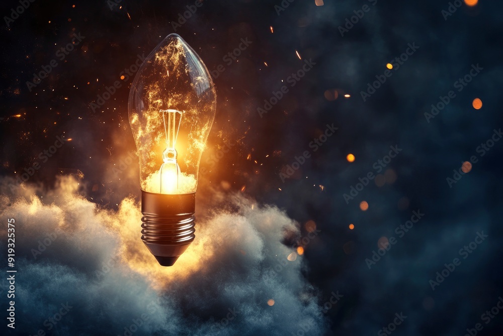 Creative light bulb rocket with blast and clouds takes off on a dark background, concept. with generative ai Creative light bulb rocket with blast and clouds takes off on a dark background, concept. with generative ai