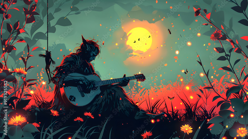Digital illustration painting design style a man as devil playing guitar Digital illustration painting design style a man as devil playing guitar