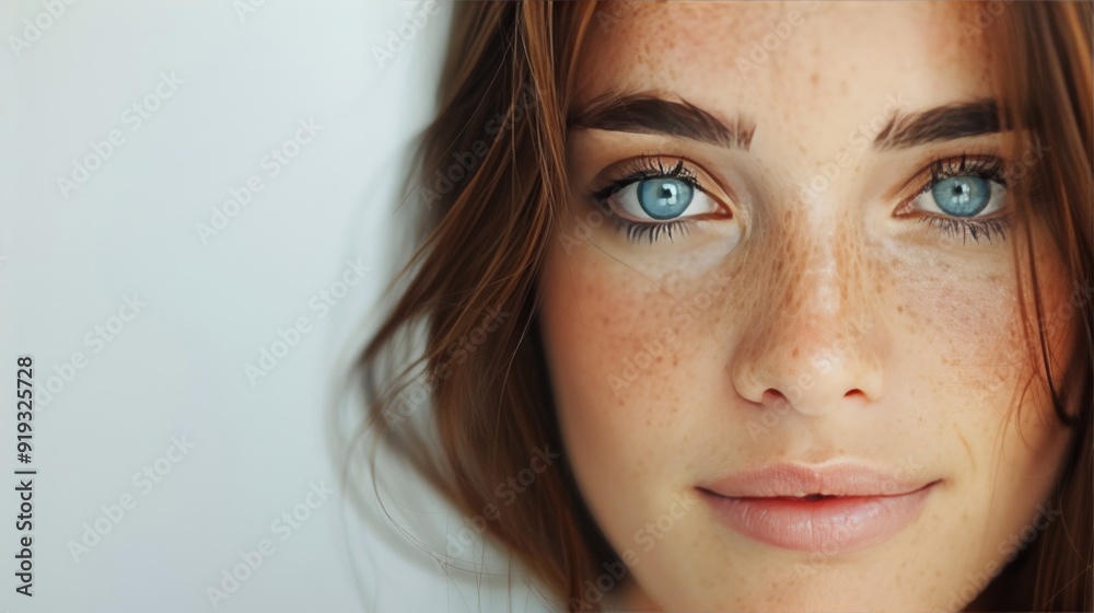 Close-Up of a Young Woman With Striking Blue Eyes and Freckles on a Windy Day