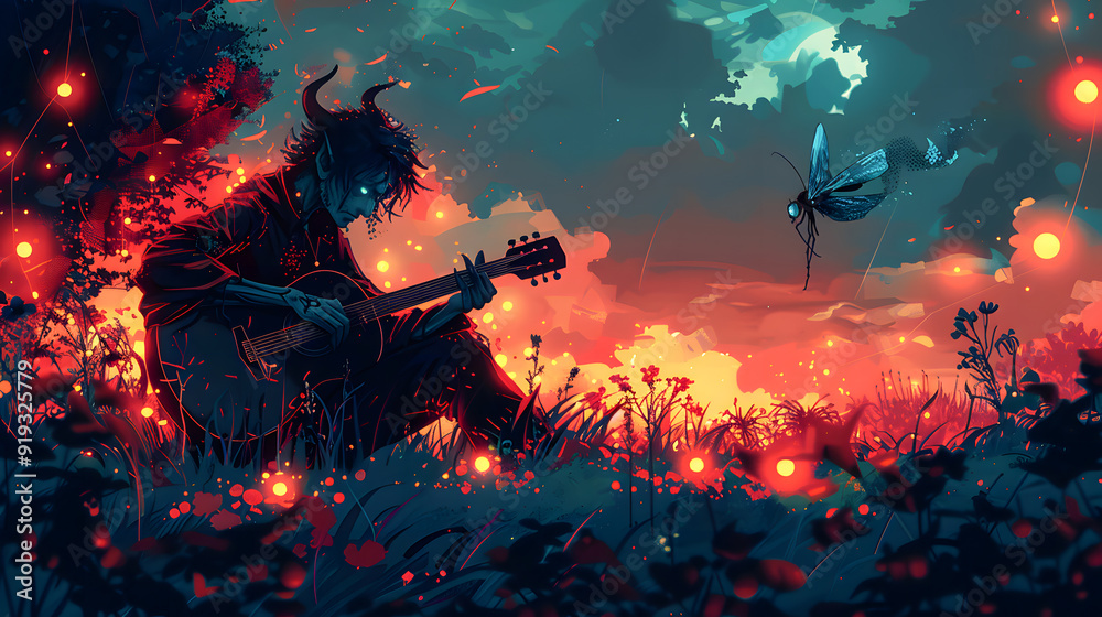 Fototapeta premium Digital illustration painting design style a man as devil playing guitar