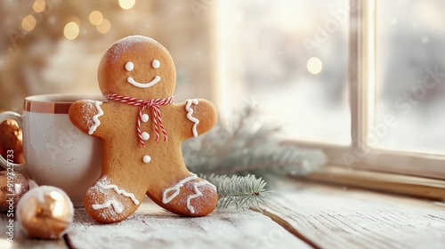 A gingerbread man cookie sitting next to a mug of hot chocolate, surrounded by Christmas decorations. The scene is cozy and festive. photo