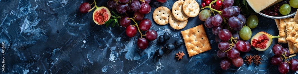 Fototapeta premium A spread of grapes, figs, crackers, and cheese on a dark blue surface.
