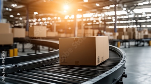 Wallpaper Mural Cardboard boxes move steadily along a conveyor belt amid a bustling warehouse filled with packages, illuminated by warm sunlight Torontodigital.ca