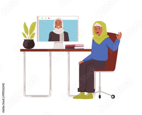 Muslim woman studying with teacher or tutor in computer monitor, Arabic girl student in hijab, vector online education