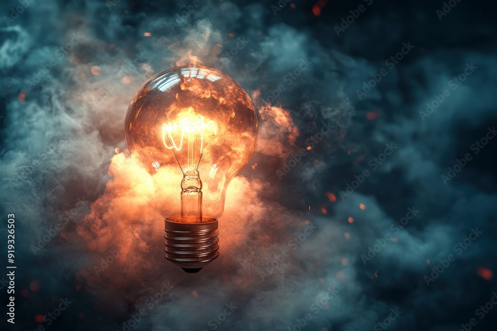 Creative light bulb rocket with blast and clouds takes off on a dark background, concept. with generative ai Creative light bulb rocket with blast and clouds takes off on a dark background, concept. with generative ai