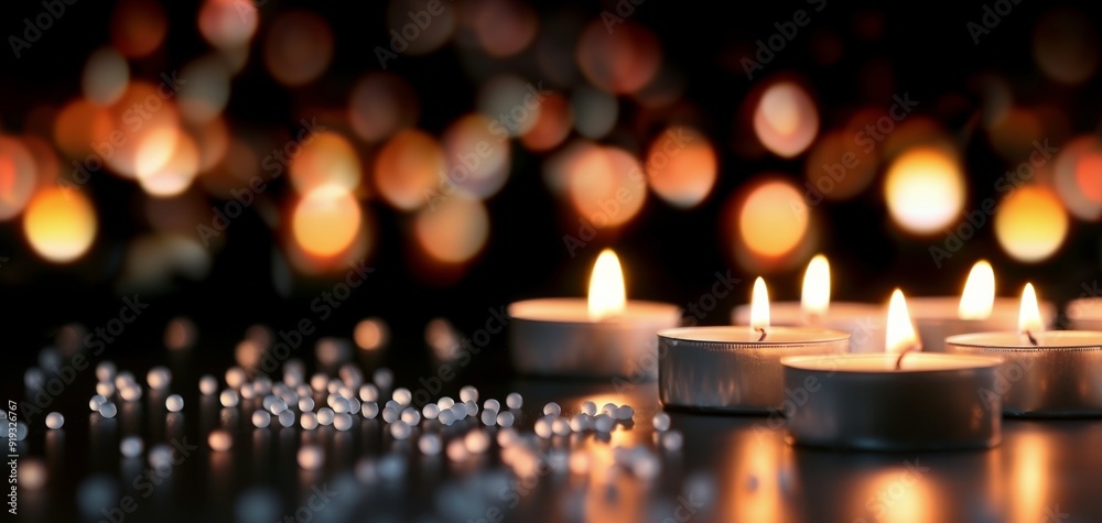 Soft Glow of Tea Lights Illuminating a Dark Surface During an Evening Gathering Soft Glow of Tea Lights Illuminating a Dark Surface During an Evening Gathering