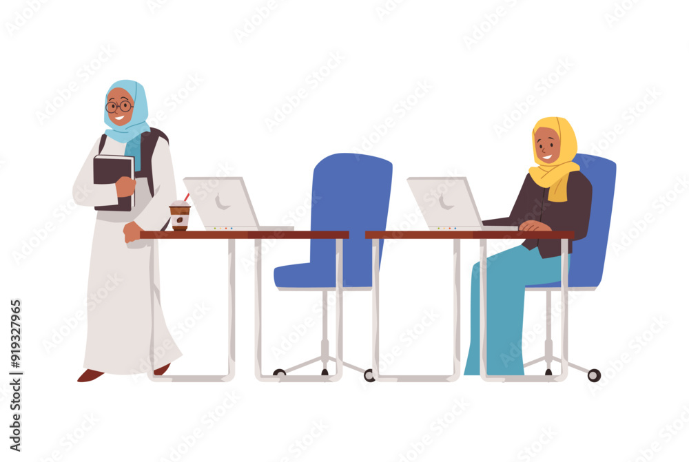 Muslim women studying on laptop, Arabic girl in hijab and abaya, students at the computer class vector college education Muslim women studying on laptop, Arabic girl in hijab and abaya, students at the computer class vector college education