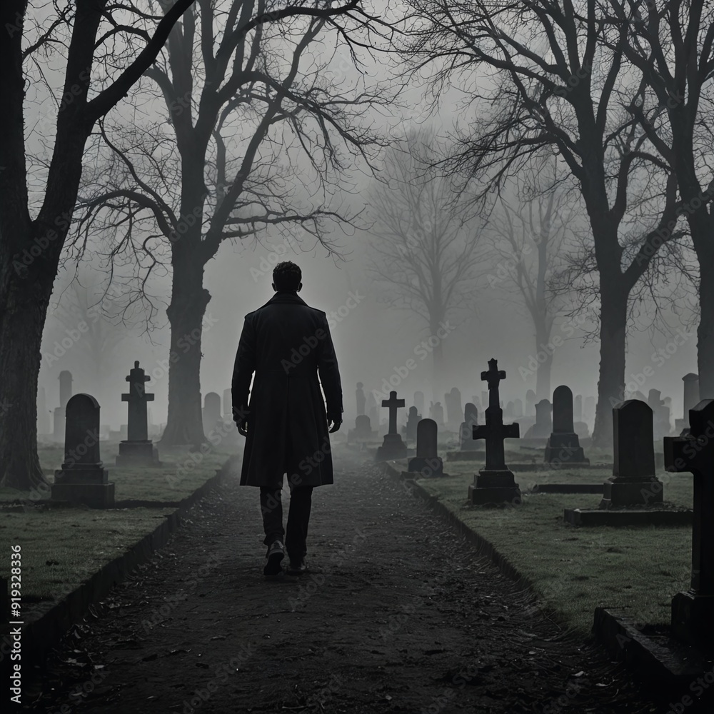 Solitary Figure Walking Through Eerie Misty Graveyard Solitary Figure Walking Through Eerie Misty Graveyard