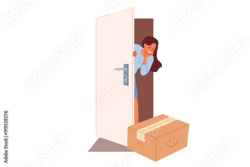Woman rejoices at receiving package delivery by courier and looks out of apartment through open door. Targeted delivery from online store evokes positive emotions in girl who loves internet shopping