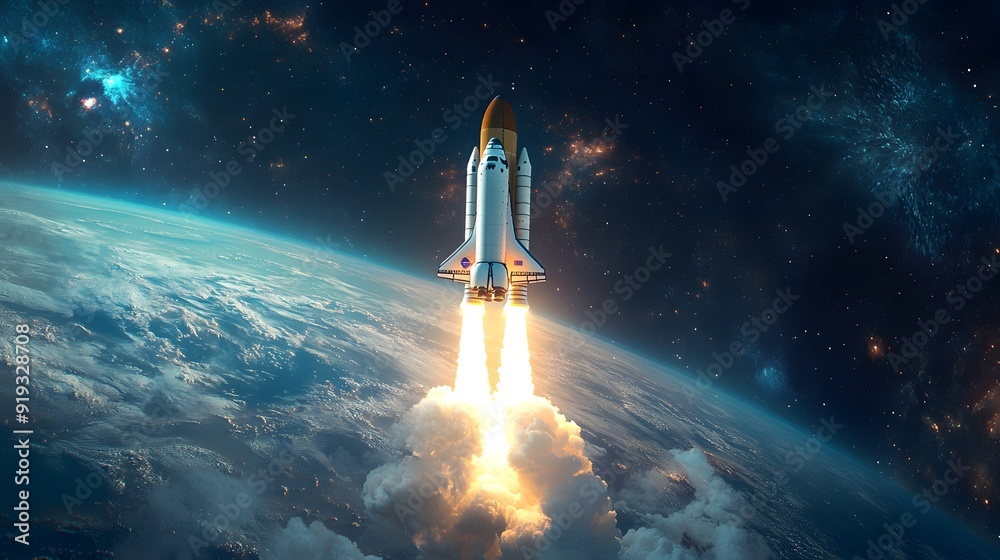 New space rocket lift off. Space shuttle with smoke and blast takes off into space on a background of blue planet earth with amazing sunset. Successful start of a space mission. Travel to Mars