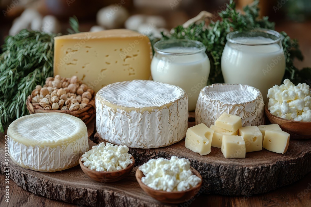 rustic still life featuring an assortment of artisanal dairy products creamy cheeses fresh milk and rich yogurt arranged on weathered wood emphasizing natural textures and wholesome appeal rustic still life featuring an assortment of artisanal dairy products creamy cheeses fresh milk and rich yogurt arranged on weathered wood emphasizing natural textures and wholesome appeal
