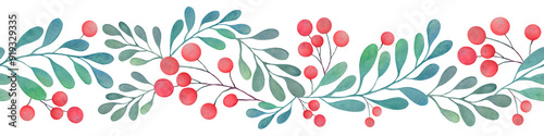 xmas watercolor concept seamless pattern with mistletoe, Christmas trees branch isolated on transparent background