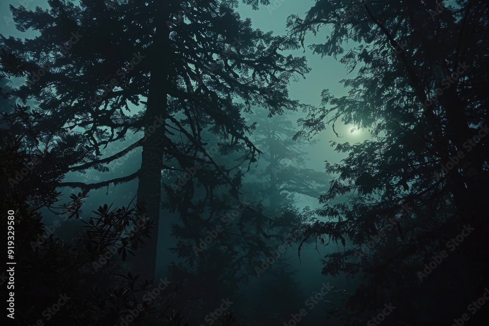 Fototapeta premium Dark night in the forest with tall trees casting eerie shadows, fog rolling in from the horizon, and faint light glowing on the trunks, creating an atmosphere of mystery and horror for spooky visuals