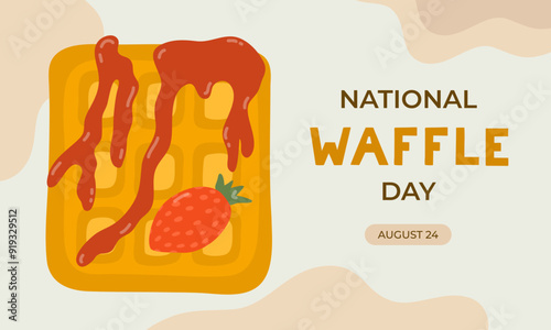 Horizontal funny banner template for National Waffle Day with cartoon waffle with strawberry jam and lettering. Minimalistic holiday concept for 24th of August for poster, background for web, media.