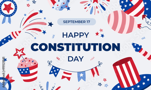 Cute horizontal poster for Happy Constitution Day of USA at 17th of September with cartoon illustrations with symbols of America. Concept for poster, background, greeting card to celebrate US holiday.