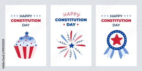 Cute set of greeting cards for Happy Constitution Day of USA with cartoon illustration of medal, firework, cupcake. Funny concept for poster, banner to celebrate holiday at 17th of September.