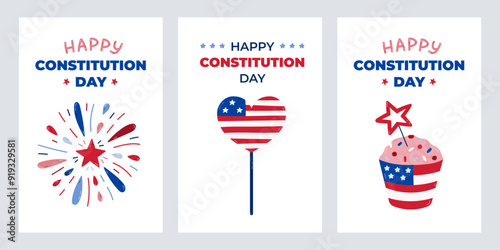 Funny set of greeting cards for Happy Constitution Day of USA with cartoon clipart of heart with American flag,firework, cupcake. Childish concept for poster, banner to celebrate 17th of September.
