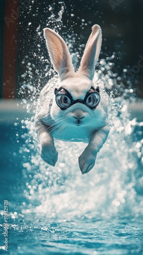 The rabbit, wearing swim goggles, leaps into the water with splashes around it, showcasing agility and determination