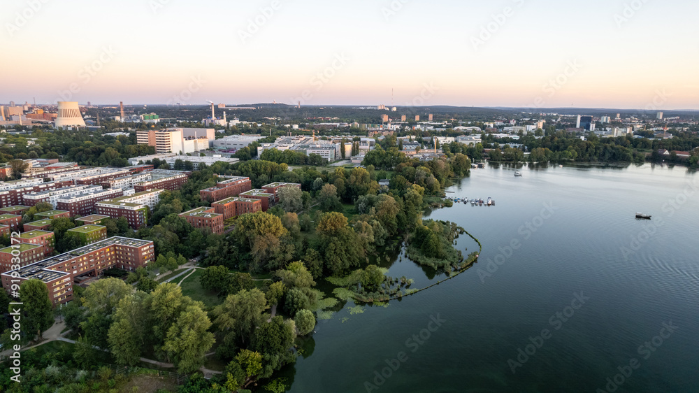 drone aerial view over Spandau Berlin in Germany over river HAvel on a sunny summer evening with sunset drone aerial view over Spandau Berlin in Germany over river HAvel on a sunny summer evening with sunset