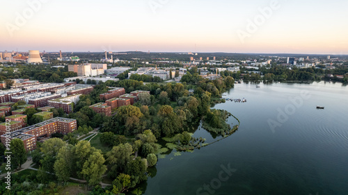 drone aerial view over Spandau Berlin in Germany over river HAvel on a sunny summer evening with sunset