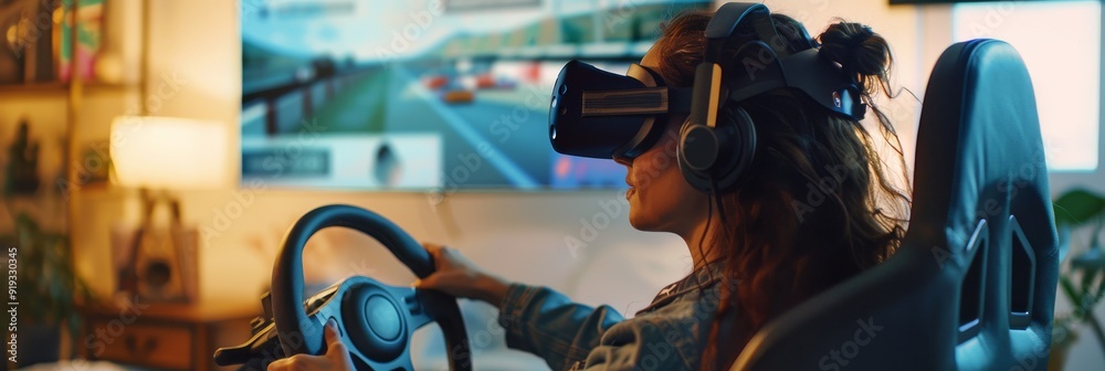 Woman using VR in a racing simulator setup at home, featuring a racing ...