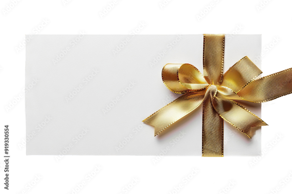 A blank white gift card with a gold ribbon bow on transparent background A blank white gift card with a gold ribbon bow on transparent background