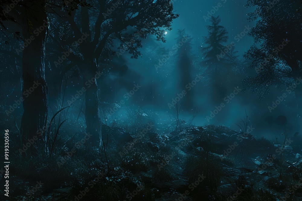 Nighttime in a dark forest with eerie tree shadows, rolling fog, and faint light glowing on the trunks, creating a chilling atmosphere of mystery and horror, perfect for Halloween and spooky designs Nighttime in a dark forest with eerie tree shadows, rolling fog, and faint light glowing on the trunks, creating a chilling atmosphere of mystery and horror, perfect for Halloween and spooky designs