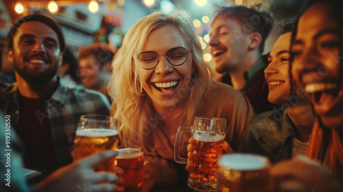 Diverse friends laughing and drinking beer at an outdoor party.