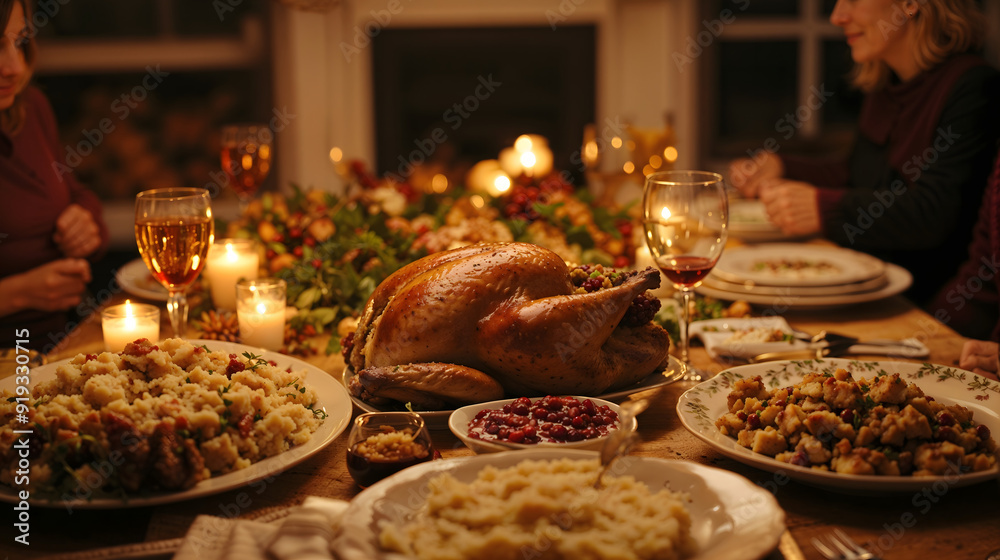 A Thanksgiving dinner table set with a variety of dishes including roast turkey, stuffing, mashed potatoes, and cranberry sauce, warm ambient lighting, family gathered around A Thanksgiving dinner table set with a variety of dishes including roast turkey, stuffing, mashed potatoes, and cranberry sauce, warm ambient lighting, family gathered around