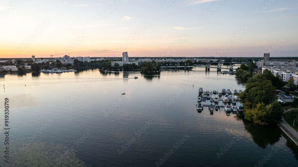 drone aerial view over Spandau Berlin in Germany over river HAvel on a sunny summer evening with sunset drone aerial view over Spandau Berlin in Germany over river HAvel on a sunny summer evening with sunset