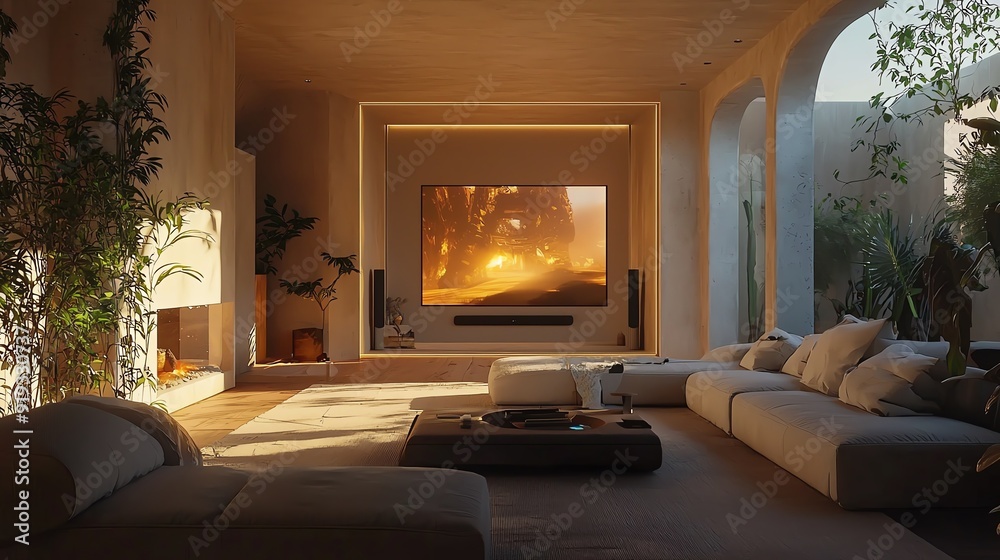 A cozy living room with modern decor, featuring a large TV and comfortable seating, illuminated by warm natural light.