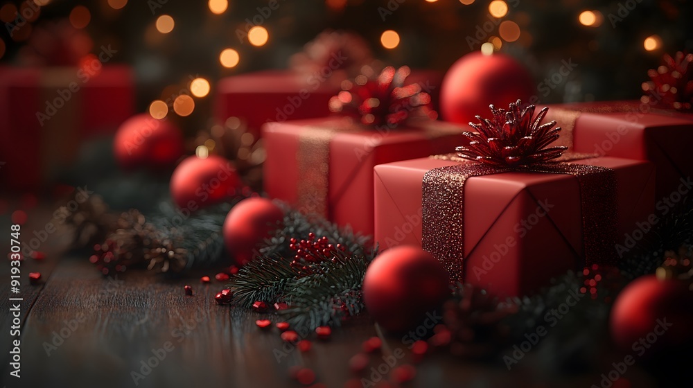 Merry Christmas classic 3D illustration with a vibrant red theme, featuring an array of beautifully wrapped gifts, shining balls, and glowing lights, creating a festive holiday atmosphere. Merry Christmas classic 3D illustration with a vibrant red theme, featuring an array of beautifully wrapped gifts, shining balls, and glowing lights, creating a festive holiday atmosphere.