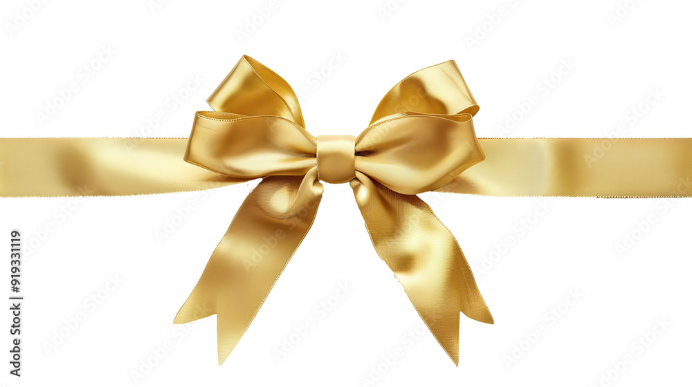 Satin decorative golden ribbon bow for Christmas and birthday present banner on transparent background Satin decorative golden ribbon bow for Christmas and birthday present banner on transparent background