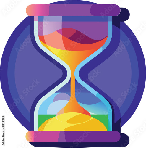 Colorful hourglass icon, vibrant gradient sand, abstract geometric design, smooth curves, purple background, digital illustration