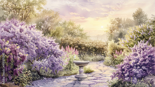 Beautiful watercolor of a quaint English garden, lilacs, cobblestone pathway, antique bird bath, gentle sunset