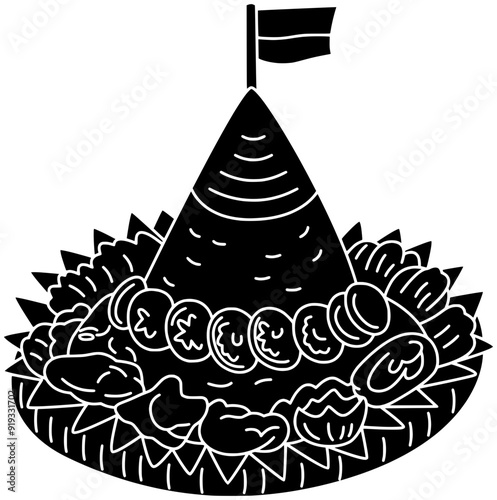 dish illustration tumpeng silhouette celebration logo spicy icon indonesian outline indonesia biryani asia traditional food plate rice asian nasi shape national chili egg for vector graphic background