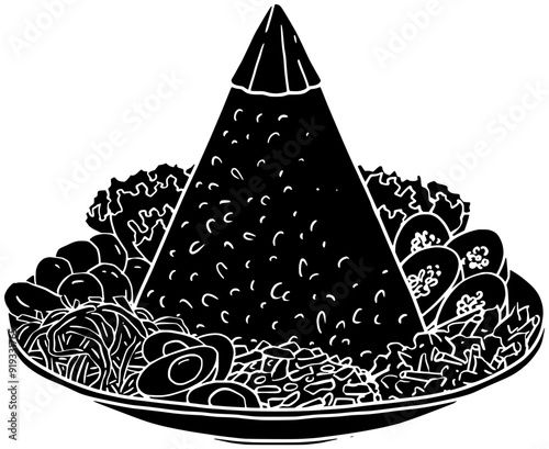 dish illustration tumpeng silhouette celebration logo spicy icon indonesian outline indonesia biryani asia traditional food plate rice asian nasi shape national chili egg for vector graphic background