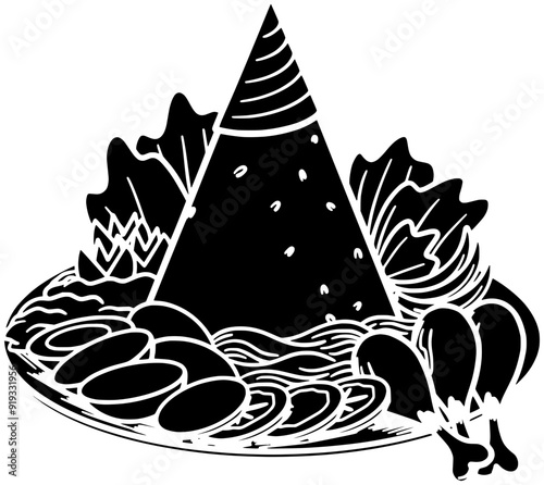 dish illustration tumpeng silhouette celebration logo spicy icon indonesian outline indonesia biryani asia traditional food plate rice asian nasi shape national chili egg for vector graphic background