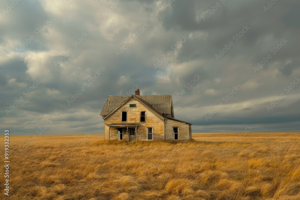 horizontal image of an old abandoned house in the middle of a field, cloudy stormy sky, copy space horizontal image of an old abandoned house in the middle of a field, cloudy stormy sky, copy space